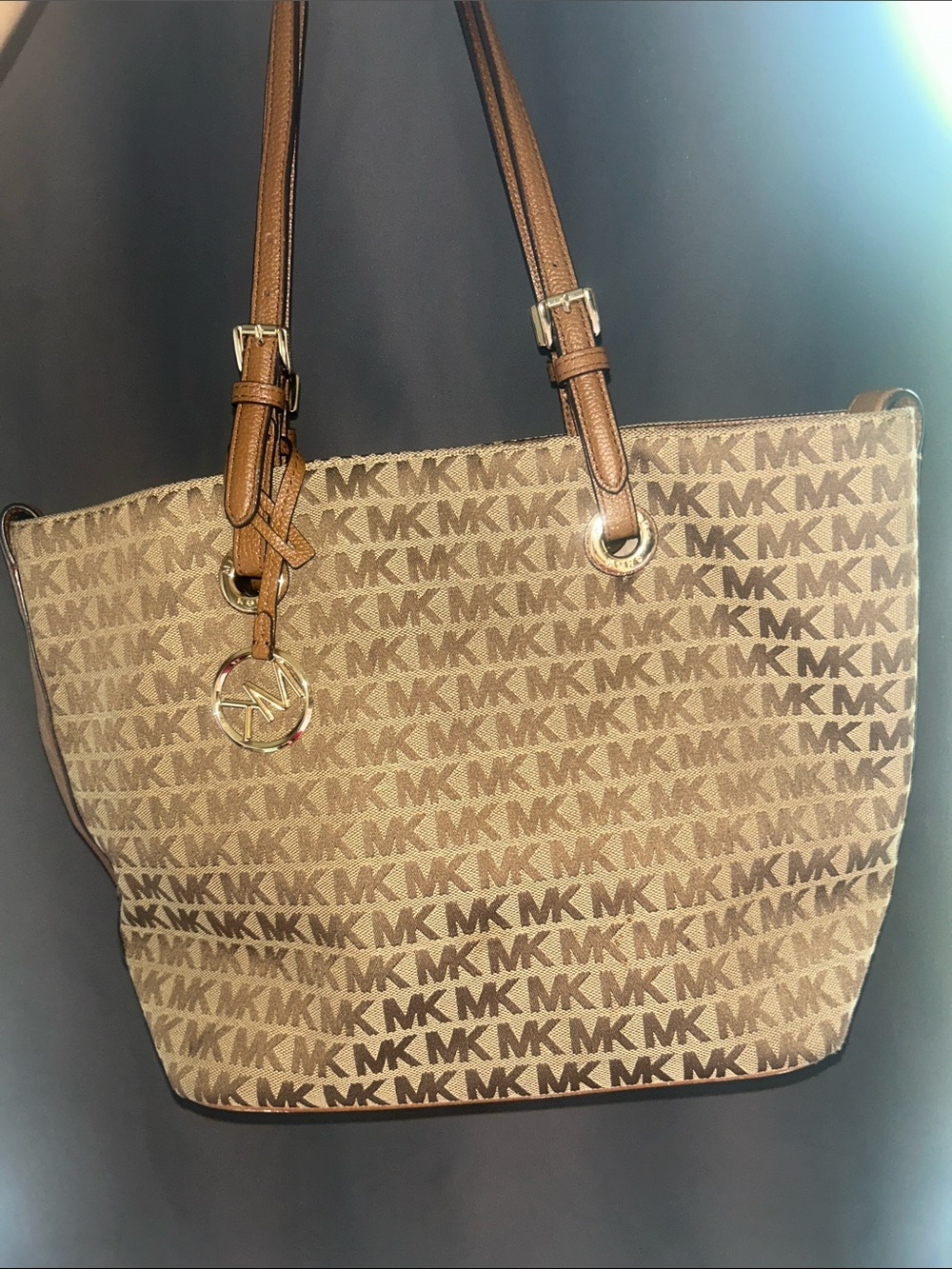 Michael Kors Tan/Brown MK Logo Tote with Gold Charm